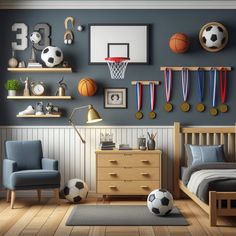 a bedroom decorated in sports themed decor