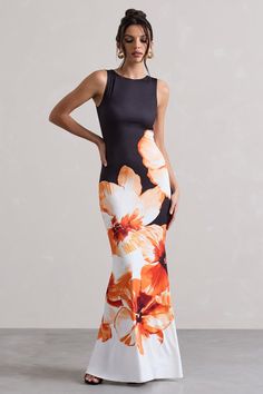 Micah Black & Orange Floral Print Racer-Neck Maxi Dress – Club L London - USA Luxury Fitted Midi Dress With Abstract Print, Batik Patterns, Fancy Clothes, Orange Floral Print, Club L London, Black Dress Prom, Black Tie Gala, Party Dress Long Sleeve, Bridesmaid Outfit