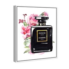 a painting of a chanel bottle with pink roses