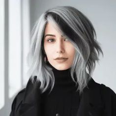 Cute trendy bob hairstyle ideas | Hairstyle tutorial ideas Gray Hair Money Piece, Gray Money Piece Hair Brunette, Gray Money Piece Hair, Grey Money Piece Hair, Icy Blonde Highlights On Dark Hair, Graying Gracefully, 2024 Haircut, Money Piece Hair, Bob Hairstyle Ideas