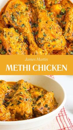 the cover of james martin's methi chicken is shown in two different images