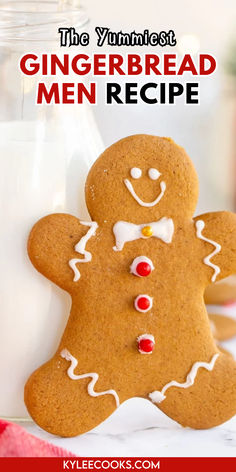 An image of a gingerbread men cookie leaning on a milk bottle Candies Recipes, Gingerbread Man Recipe, Gingerbread Men Cookies, Sugar Cookie Icing Recipe, Gingerbread Cookie Dough, Cookie Icing Recipe, Homemade Gingerbread, Soft Gingerbread Cookies, Ginger Bread Cookies Recipe