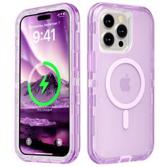 an iphone case with a camera attached to the front and back of it, in purple