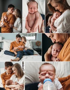 a collage of photos shows a baby being held by his mom and dad, while the mother is holding her newborn son