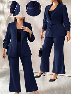 2pcs Plus Size Solid Color Cinched Waist Elegant Blazer Suit Set, Fall/Winter Navy Blue Elegant    Plain  Medium Stretch  Women Plus Clothing, size features are:Bust: ,Length: ,Sleeve Length: Shawl Collar Blazer, Elegant Shawl, Grey Colour Suit, Elegant Blazers, Plus Size Suits, Fleece Tights, Womens Tights, Lace Fashion, Cropped Style