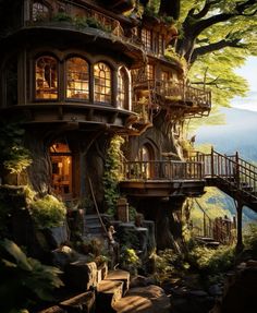 a tree house built into the side of a cliff with stairs leading up to it