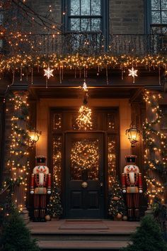 christmas lights decorate the front door of a house with nutcrackers and decorations