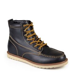 Make a statement in the Men's Vance Co. Wyatt Moc Toe Boot. Faux leather upper in a lace up boot style with a moc toe. Padded collar with lace up front. Heel pull tab. Smooth lining with cushioned insole. Durable rubber outsole.. Wyatt Boots, Cheap Boots, Work Boots Men, Rise Above, Top Stitching, Work Boots, Leather And Lace, Fashion Boots, Gq