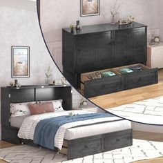 a bedroom with a bed, dresser and chest of drawers in the same color scheme