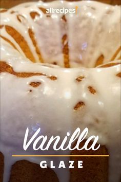 a close up of a bundt cake with vanilla glaze