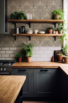 some plants are sitting on shelves in the corner of a kitchen with black cabinets and wood counter tops