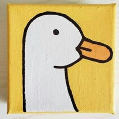 a painting of a white duck with orange beak on a yellow square canvas, painted in acrylic paint