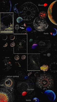 the solar system is shown with all its planets and their names in black, red, blue