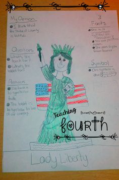 a child's drawing of the statue of liberty holding an american flag with words describing each country