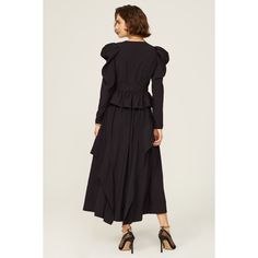 Black rayon blend (85% Rayon, 15% Polyester). Hourglass. Long sleeves. V-neck. Side zipper closure. 52" from shoulder to hemline. Imported. Fall Cocktail Maxi Dress With V-neck, Fall Cocktail V-neck Maxi Dress, Chic Viscose V-neck Midi Dress, Cocktail Midi Dress With Ruffle Hem And V-neck, Evening V-neck Midi Dress With Ruffle Hem, Cocktail V-neck Midi Dress With Ruffle Hem, Formal Long Sleeve Maxi Dress With Ruffle Hem, V-neck Dress With Pleated Sleeves For Work, Chic Long Sleeve Midi Dress With Ruffle Hem