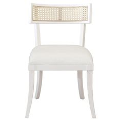 a white chair with a woven back and seat cushion on the bottom part of it