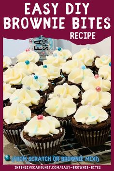 easy diy brownie bites recipe with white frosting and sprinkles