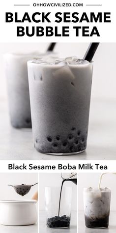 black sesame boba milk tea recipe is shown in three different pictures, with the same drink being poured into it