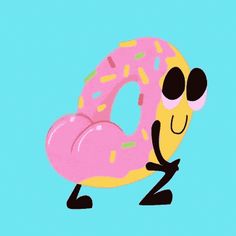 a cartoon character holding a pink donut