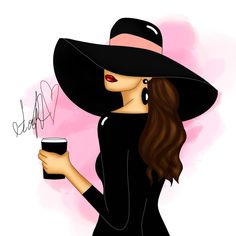 a woman in a black dress and hat holding a coffee cup with writing on it