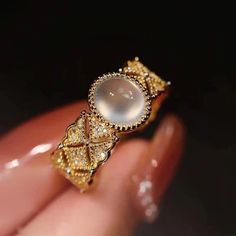 Lace Filigree Vintage Jadeite Ring – ByHer Elegant Gold Crystal Ring With Cabochon, Elegant Cabochon Moonstone Crystal Ring, Elegant Moonstone Crystal Ring With Cabochon, Elegant Moonstone Cabochon Crystal Ring, Adjustable Elegant Jade Rings, Vintage Jadeite, Jadeite Ring, Vintage Jewellery Rings, Emerald Diamond Ring