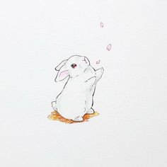 a watercolor drawing of a white rabbit sitting on its hind legs and looking up at the sky