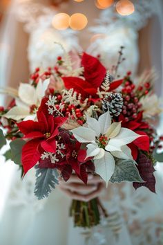 a bride holding a red and white bouquet with poinsettis, pine cones and berries