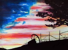 a painting of a sunset with a tree and fence