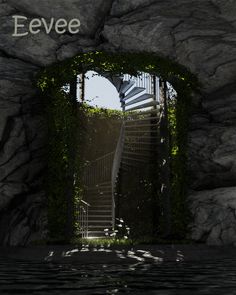 an entrance to a cave with stairs and plants growing on it