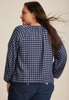 Plus Size Buffalo Check Notch Neck Blouse - Materials & Care:imported - 60% rayon 40% polyester - machine wash New Jeans Top, Maternity Pajamas, Maurices Jeans, Skirt Crop, Curvy Jeans, Blouse Material, Maternity Shops, Shoes With Jeans, Buffalo Check