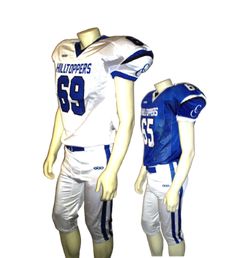 two mannequins dressed in football uniforms with numbers on the front and back