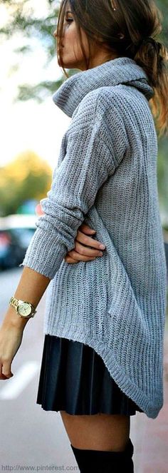 Oversized sweater & pleated skirt. Revolve Clothing, Oversized Sweater, Fall Winter Outfits, Sweater Weather, Street Fashion, Grey Sweater, Autumn Winter Fashion, Pleated Skirt, Knee Boots