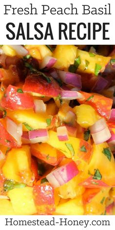 fresh peach basil salsa recipe with text overlay