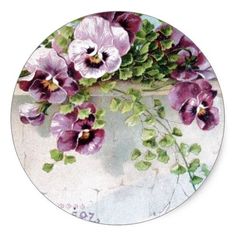 a painting of purple pansies on a white background with green leaves and flowers in the center