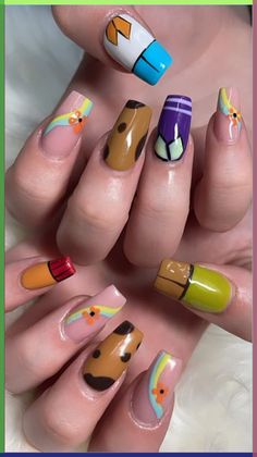 Step into the Easter vibe with these 21 fantastic nail designs! Whether it's adorable bunnies or vibrant eggs, we've got you covered to... Universal Studios Nails Acrylic, Velma Inspired Nails, Doja Cat Nails Ideas, Scooby Doo Nails Simple, Nails Inspired By Movies, Cartoon Themed Nails, Scooby Doo Inspired Nails, Easy Cartoon Nails, Nail Art Designs Character