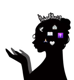 the silhouette of a woman wearing a tiara and holding her hand up with icons on it