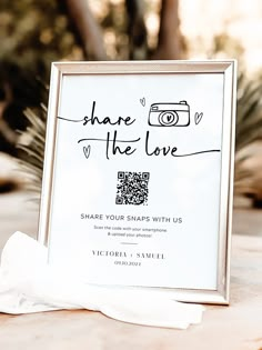 Share the Love QR Code Wedding Photo Sign - The Victoria Collection - Vowpaperie Take Pictures Wedding Sign, Guest Pix Sign, Cool Wedding Touches, Photo Ideas For Wedding Reception, Qr Photo Wedding, Wedding Special Ideas, Share Your Photos Wedding Sign, Marriage License Signing Table, Cute Wedding Sign Ideas