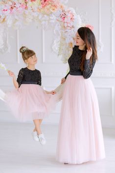 Mother Daughter Matching Dress, Blush Black Dress, Mommy and Me Outfit Mother daughter matching maxi lace tutu dresses in black and blush color. Mommy and Me matching outfits can be ordered in different colors. Mommy`s dress is maxi tutu dress with long sleeves, and daughters dress is floor length tutu with long lace sleeves. Color and fabric: cotton lace and cotton lining, tulle Length of the dresses can be made as you wish. Additional cost may be applied For better fit you can leave in the not Mom Daughter Matching Dresses Mommy And Me, Twinning Outfits Mother Daughters, Mother Daughter Dresses Matching Birthday, Mother Daughter Dresses Matching Gown, Mummy And Daughter Same Dress, Formal Gown Photoshoot, Mommy Daughter Dresses For Birthday, Frocks Designs For Women, Matching Dresses For Mother And Daughter