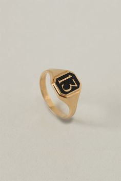 Merewif Lucky 13 signet ring. Gold vermeil over brass ring with black enamel. All Merewif gold plated jewelry is 100% brass with sterling silver ear posts beneath the gold plate.  A much thicker gold plate than the industry standard is used, and once the pieces are plated, a protective finish is added to prolong the li Signet Ring Gold, Fantasy Earrings, Mode Hippie, Lucky 7, Lucky 13, Snake Jewelry, Snake Earrings