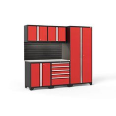 a red and black garage cabinet with drawers on the bottom, and two doors open