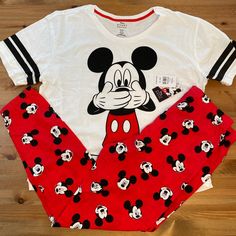 Brand New With Tags Womens Mickey Mouse Pajamas Pj’s Sleepwear Xl Extra Large Covering Mouth Red White Black Cute Disney Nwt Playful Red Sleepwear For Pajama Party, Playful Red Sleepwear For Sleepover, Playful Red Tops For Loungewear, Playful Red Sleepwear For Sleepovers, Playful Red Tops For Sleepover, Playful Red Tops For Sleepovers, Cute Red Sleepwear For Loungewear, Casual White Sleepwear With Character Print, Disney Sleepwear With Character Print For Loungewear