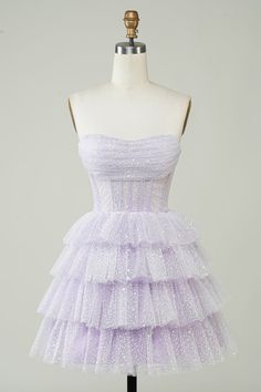 Sparkly Light Purple Strapless Corset Polka Dots Tiered Cute Homecoing Dress