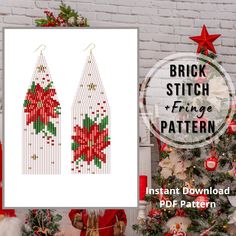 two christmas decorations are hanging on the wall next to a brick wall and decorated with ornaments