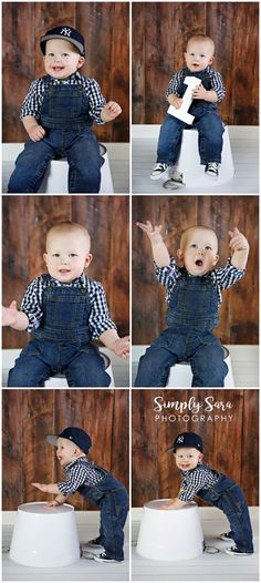 a baby sitting on top of a white bowl with his hands in the air while wearing overalls