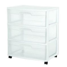 three drawer storage unit with wheels and plastic bins on each side, in white