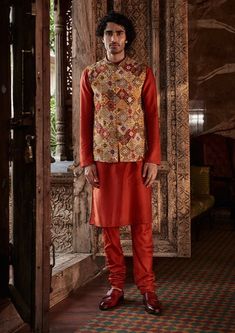 Kalista Men-Reyaan Red Bundi Kurta Set-INDIASPOPUP.COM Blouse Yoke, Red Kurta, Embroidered Collars, Nehru Jackets, Sharara Set, Embroidered Neckline, Indian Fashion Designers, Contemporary Outfits, Churidar