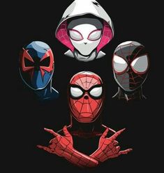 four spider - man masks are shown with their faces drawn in different colors and shapes