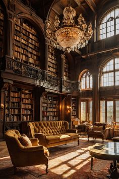 a large library with lots of bookshelves and couches in front of windows