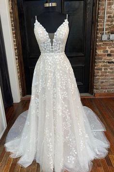 A Line V Neck Open Back White Lace Long Prom Dress Court Train Prom Dress, Lace Long Prom Dress, Sweep Train Prom Dress, A Line Evening Dress, White Evening Dress, Dress With Pleats, Corset Dress Prom, Lace Formal Dress, White Tulle