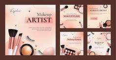 makeup artist brochure and flyer templates set with cosmetics products on pink background